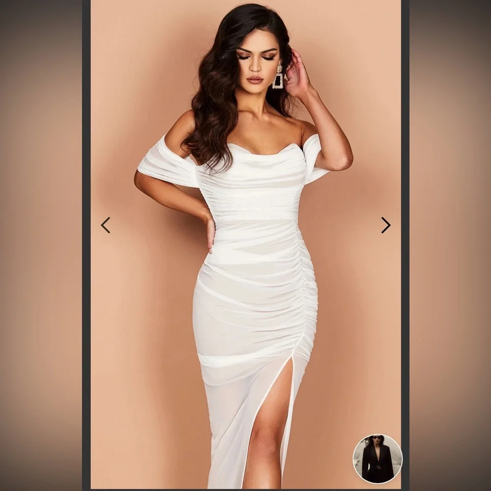 NWT Nookie $400 White Off-Shoulder Ruched Sheer bottom Dress Size S - Picture 4 of 6
